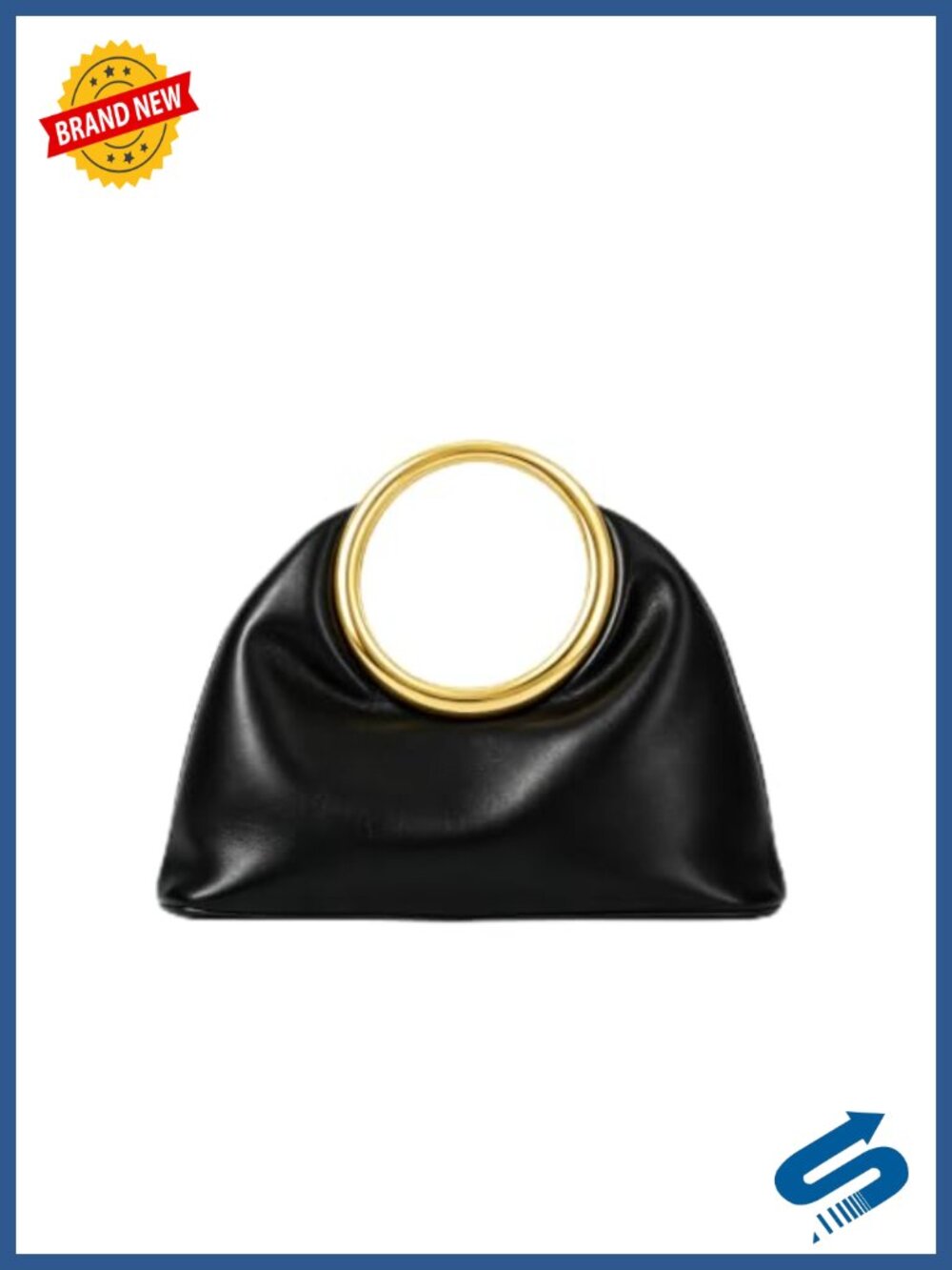 Faux Leather Structured Evening Bag Top Handle Satchel with Metallic Ring